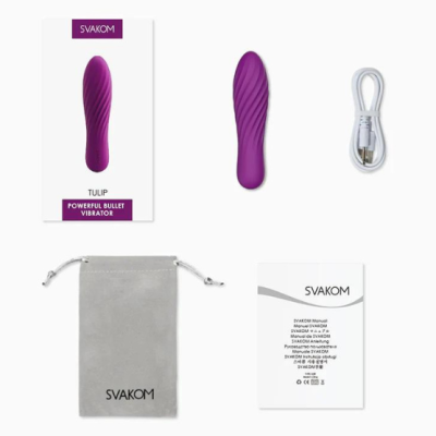 Vibrador bullet roxo SVAKOM Tulip com acessórios e embalagem