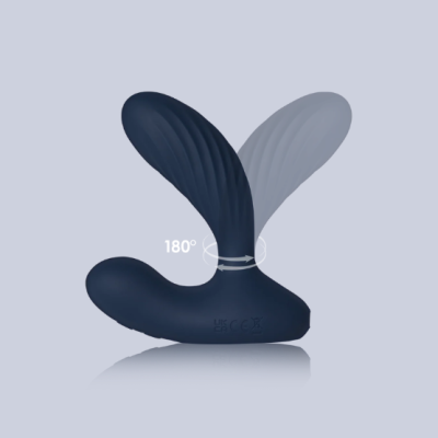 Vibrador azul escuro com partes móveis e texto 180°