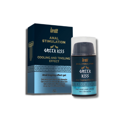Gel anal Intt Anal Stimulation Greek Kiss em embalagem preta e azul com texto dourado e branco