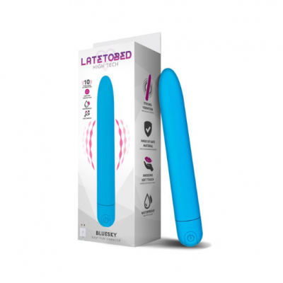 Vibrador azul com embalagem branca e texto LATETOBED HIGH TECH