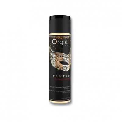 Frasco preto com etiqueta dourada e preta com texto ORGIE TANTRIC DIVINE NECTAR
