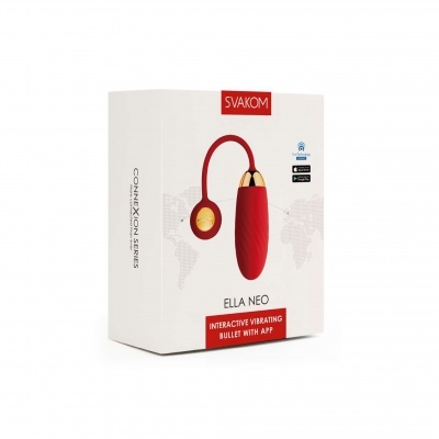 Embalagem branca com vibrador interativo vermelho e texto SVAKOM, ELLA NEO, INTERACTIVE VIBRATING BULLET WITH APP