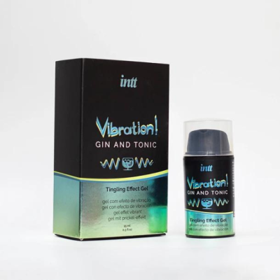 Gel Vibration! Gin and Tonic intt em embalagem preta e azul-esverdeada