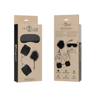 Conjunto erótico Intense Fetish com algemas, venda e pena em caixa reciclável