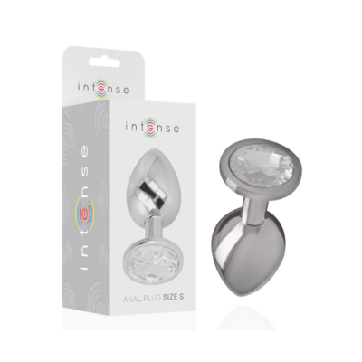 Plug anal metálico prateado com pedra brilhante em embalagem branca e cinza