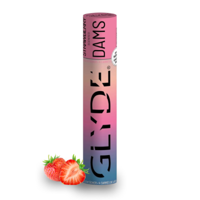 Embalagem cilíndrica GLY'DÉ colorida com morangos frescos ao lado