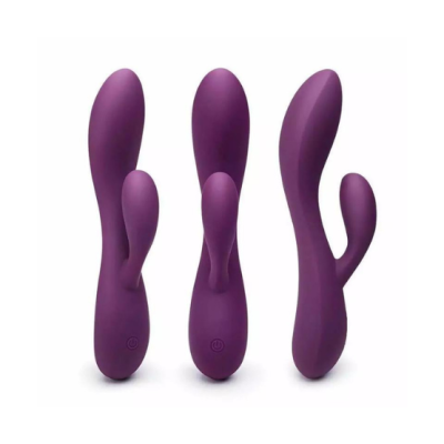 Três barras de massagem roxas com formas curvas e botão na base em fundo branco