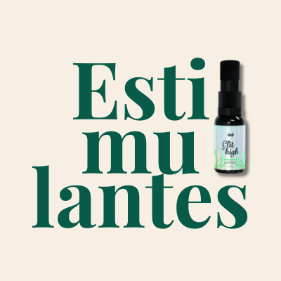 Frasco pequeno de estimulante em fundo bege com texto Estimulantes