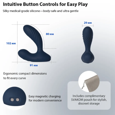 Dois dispositivos sexuais azuis de silicone com dimensões e botão magnético, bolsa SVAKOM