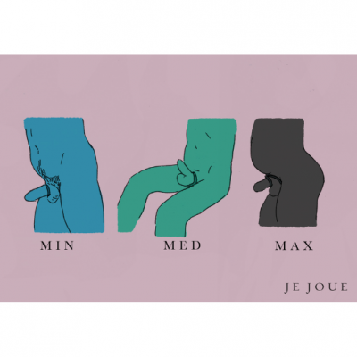 Ilustração de três formatos de produto ajustável em azul, verde e cinza com texto MIN, MED, MAX e JE JOUE