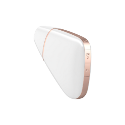 Dispositivo eletrónico triangular branco com detalhes em ouro rosa e botões laterais