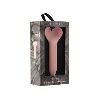 Vibrador em forma de coração cor de rosa em embalagem preta com flores cinzentas