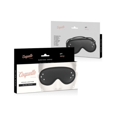 máscara negra para dormir de couro vegan em caixa com texto Coquette Fantasy