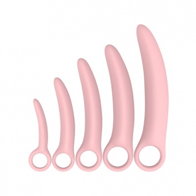 Conjunto de cinco vibradores cor-de-rosa em vários tamanhos com alça circular.