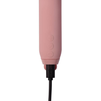 Dispositivo rosa com botões e cabo USB preto ligado