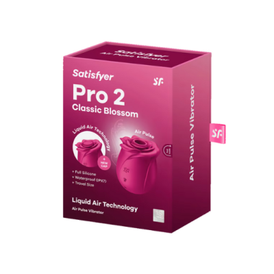 Embalagem rosa escura de vibrador Satisfyer Pro 2 Classic Blossom com texto explicativo