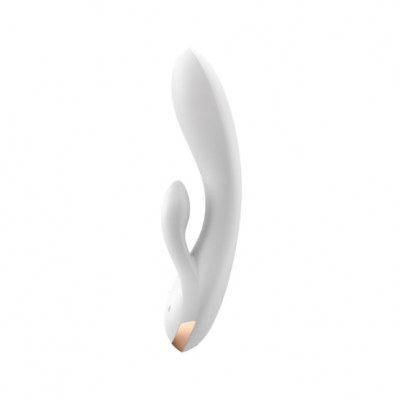 Vibrador branco de silicone com dois braços e detalhe dourado