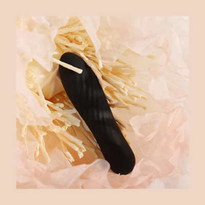 Objeto preto liso entre pétalas creme translúcidas