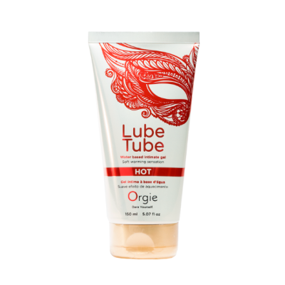 Tubo branco de gel íntimo Lube Tube HOT com detalhes vermelhos e máscara desenhada