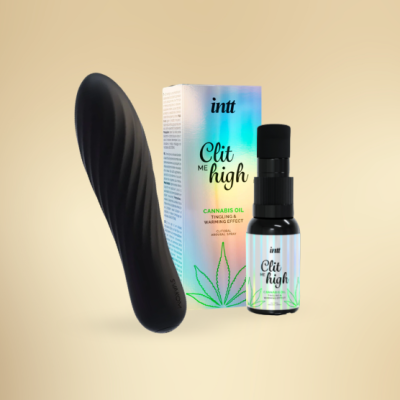 Vibrador preto com óleo e embalagem holográfica Clit me high da intt