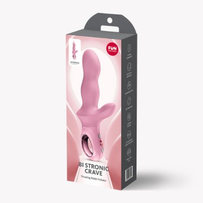Embalagem de vibrador rosa BI STRONIC CRAVE da FUN FACTORY com texto Thrusting Rabbit Pulsator
