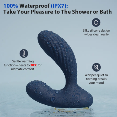 Dispositivo anatómico azul escuro em silicone com gotas de água e texto sobre impermeabilidade e aquecimento