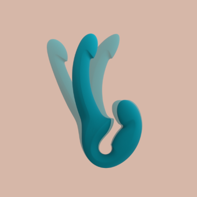 Produto ergonómico azul com várias curvas em fundo cor de salmão