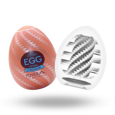 Produto em formato de ovo EGG SPIRAL STRONGER TENGA com embalagem cor de laranja e padrões brancos e azuis, aberto mostrando interior texturizado.