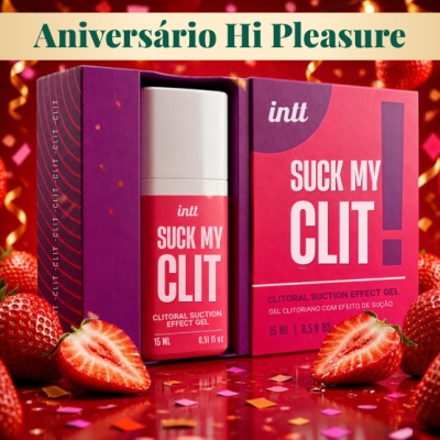 Gel clitoriano Suck My Clit em embalagem rosa e vermelha com morangos e confetes