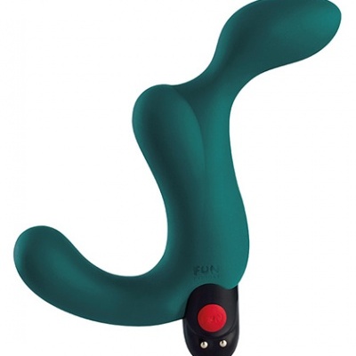 Dispositivo anatómico verde escuro com botão vermelho e texto 'FUN'