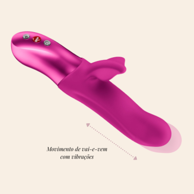 Vibrador rosa com botões e texto explicativo em português