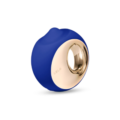 Produto circular azul com detalhes dourados e marca LELO