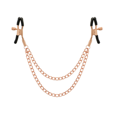 Pinças em metal cor cobre com extremidades pretas e duas cadeias ligadas