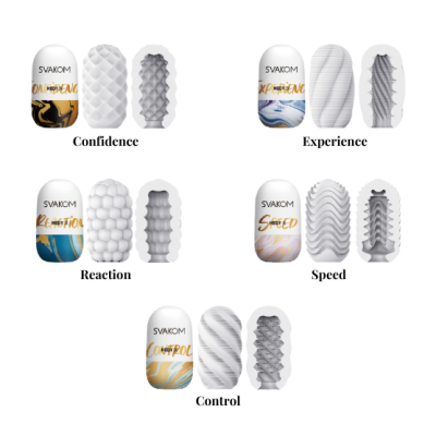 Cinco produtos SVAKOM com embalagens coloridas diferentes e texturas internas variadas em cinza.