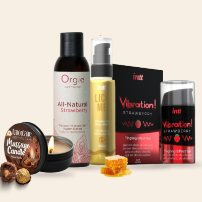 Conjunto de produtos eróticos com vela de massagem, géis íntimos e embalagem com favo de mel e brigadeiros