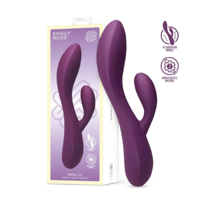 Vibrador roxo com dupla estimulação e embalagem roxa e branca