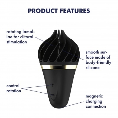 Dispositivo preto com lâminas rotativas, detalhes dourados e indicações das suas funcionalidades.