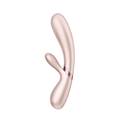 Vibrador de silicone rosa claro com duas pontas curvas e detalhes metálicos