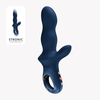 Vibrador azul escuro com áreas texturizadas e botão vermelho