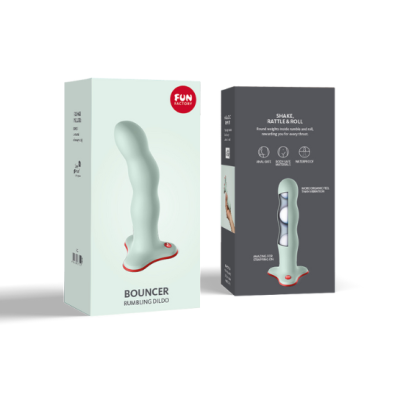 Embalagens de dildo branco com base vermelha da marca FUN FACTORY
