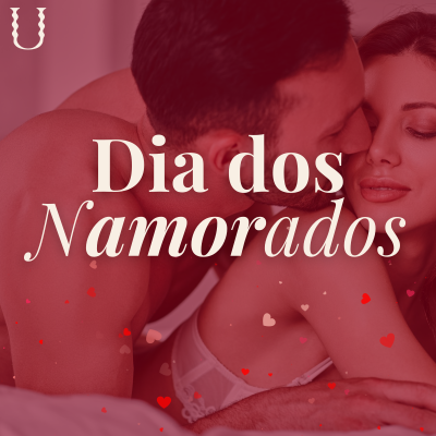 Casal próximo com lingerie branca e texto Dia dos Namorados sobre fundo com corações