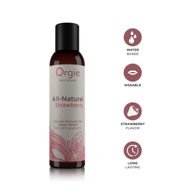 Frasco de gel íntimo Orgie All-Natural Strawberry com ícones de características ao lado