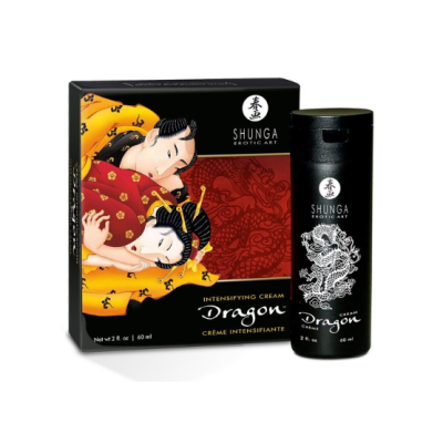 Creme intensificante Dragon da Shunga com embalagem preta e caixa com ilustração artística japonesa
