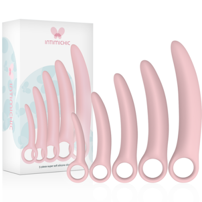 Conjunto de cinco dildos cor-de-rosa em silicone com base em anel e caixa da marca INTIMICHIC