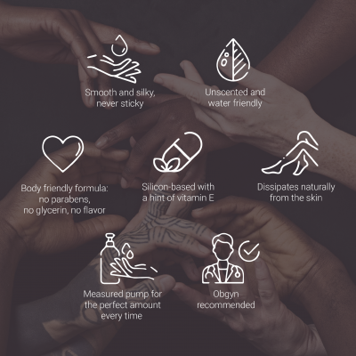 Ícones e texto sobre mãos de diferentes cores que descrevem características do produto.