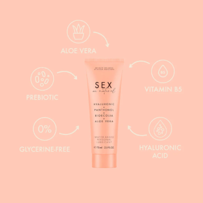 Tubo rosa de lubrificante pessoal com ingredientes e propriedades destacadas