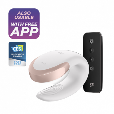 Produto eletrônico branco com detalhe rosa dourado e comando remoto preto, texto APP e selo CES 2021