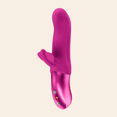 Vibrador rosa com duas pontas e base metálica com botões