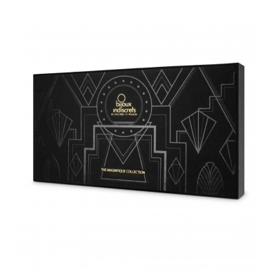 Caixa preta com padrões geométricos cinza e dourado e texto em dourado