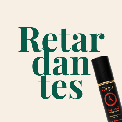 Frasco preto de spray Orgie Time Lag 2 ao lado do texto Retardantes